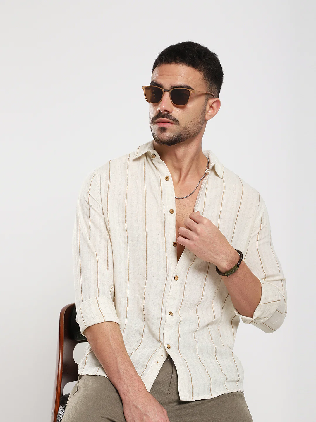 Natural Beige Contrast Linen Blend Stripe Shirt - Image 4