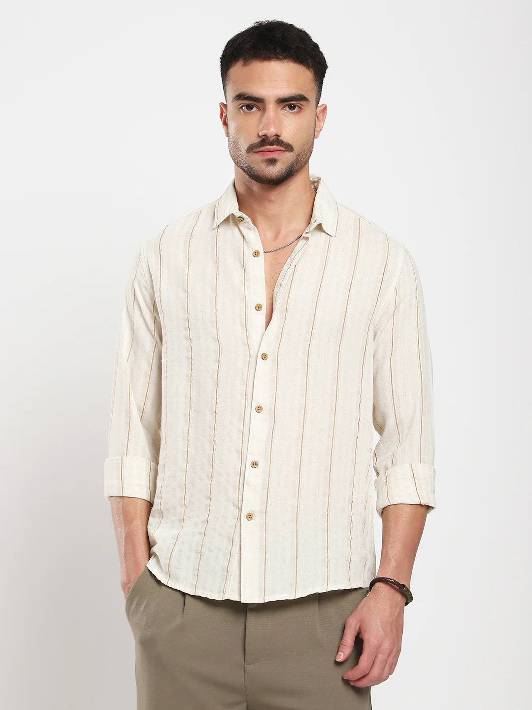 Natural Beige Contrast Linen Blend Stripe Shirt - Image 5