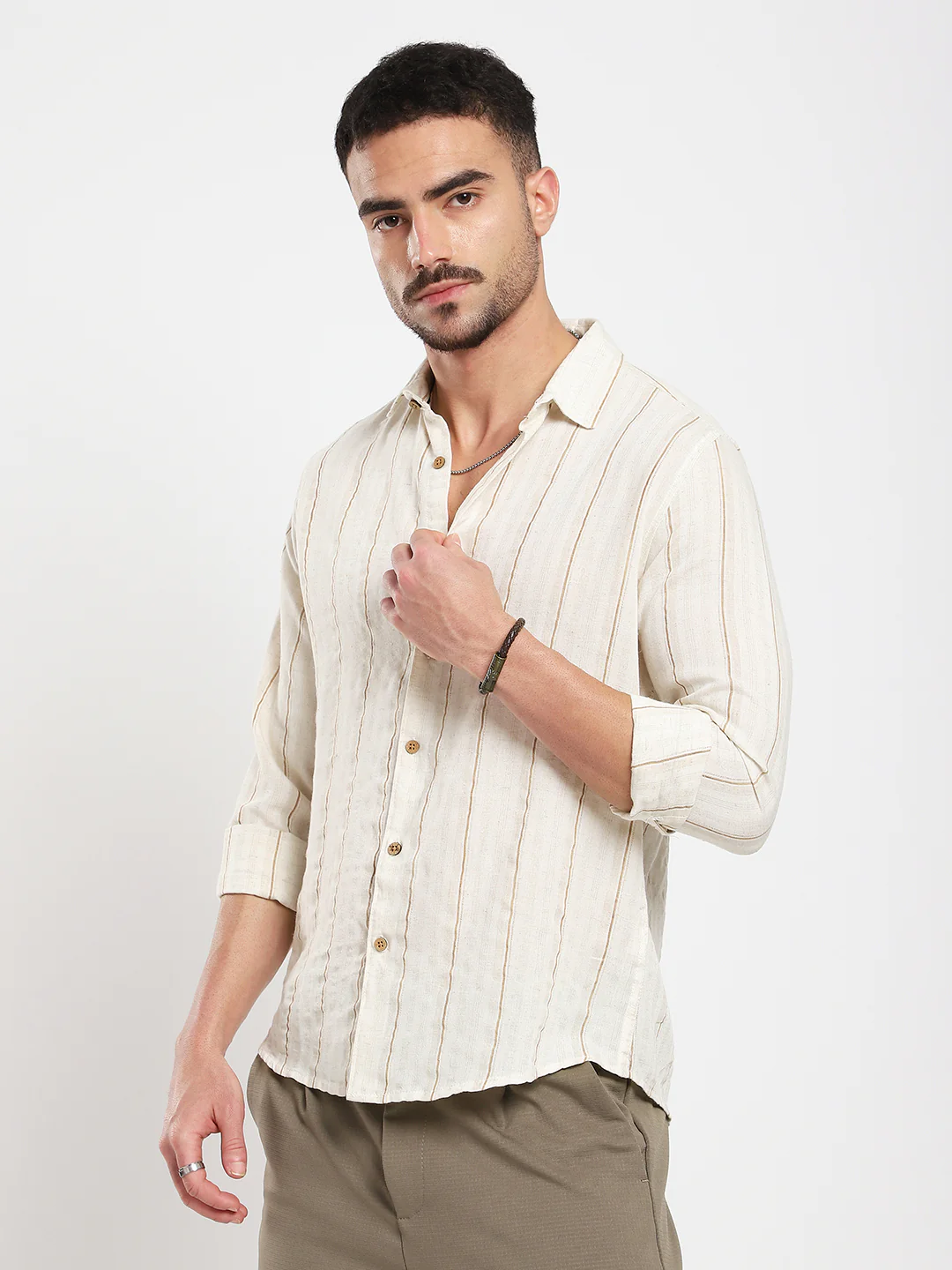 Natural Beige Contrast Linen Blend Stripe Shirt - Image 6