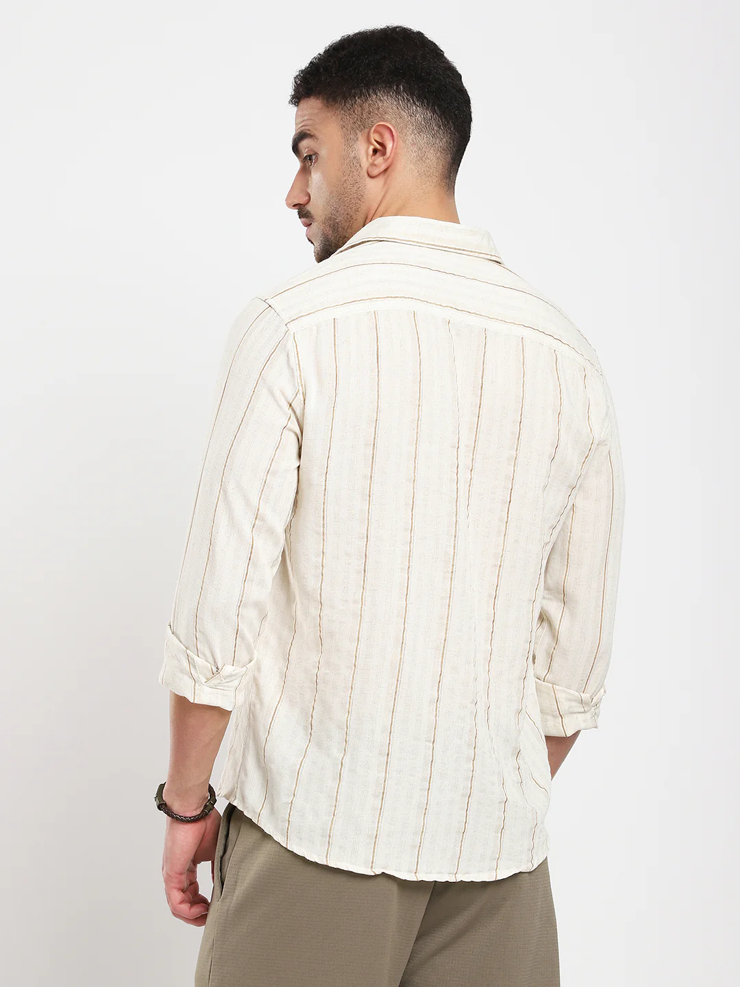 Natural Beige Contrast Linen Blend Stripe Shirt - Image 7