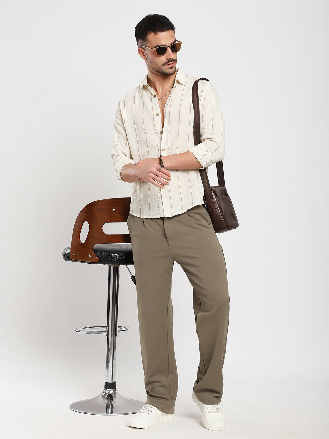 Natural Beige Contrast Linen Blend Stripe Shirt - Image 8