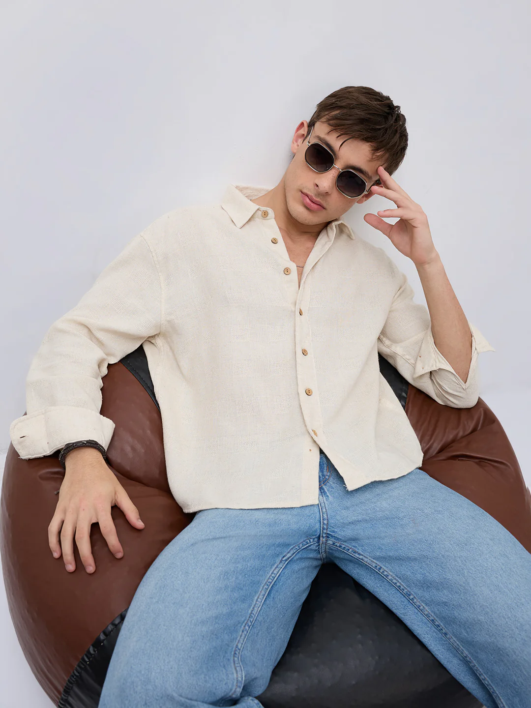 Natural Beige Grain Loom Linen Blend Boxy Fit Crop Shirt - Image 2