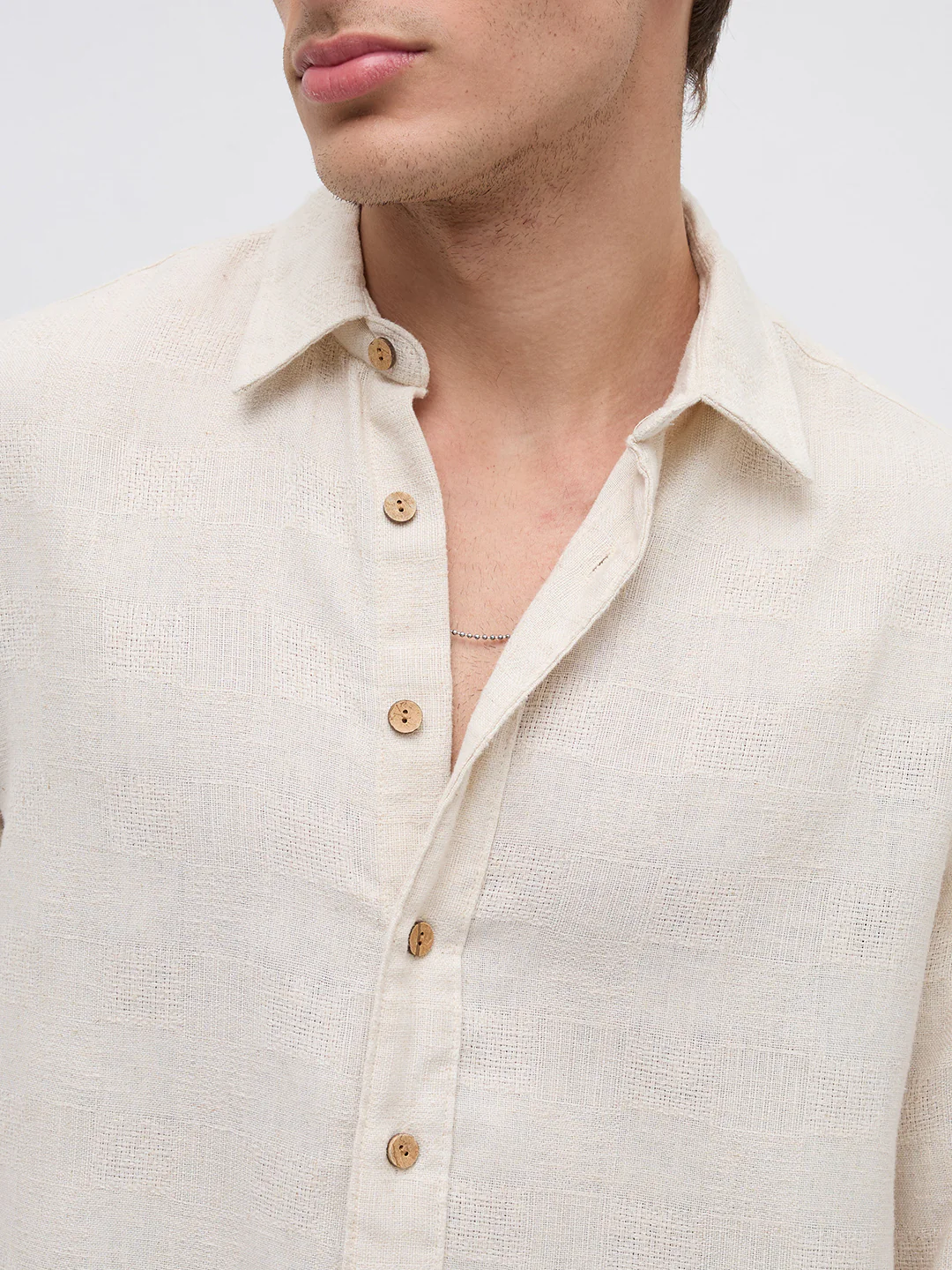 Natural Beige Grain Loom Linen Blend Boxy Fit Crop Shirt - Image 3