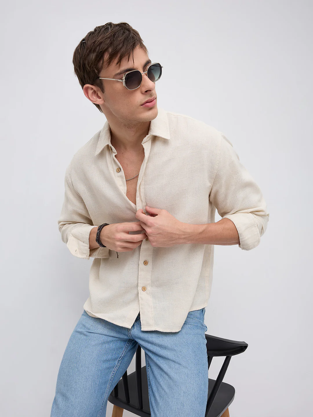 Natural Beige Grain Loom Linen Blend Boxy Fit Crop Shirt - Image 4