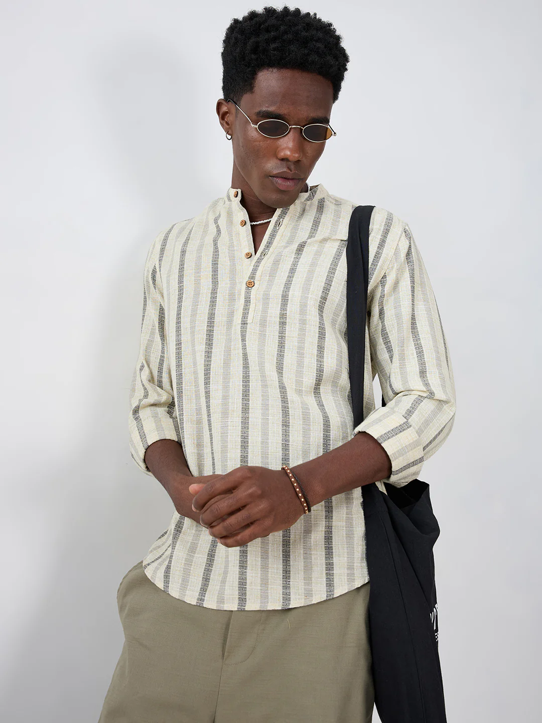 Natural Ivory Grey Loom Striped Kurta - Image 2