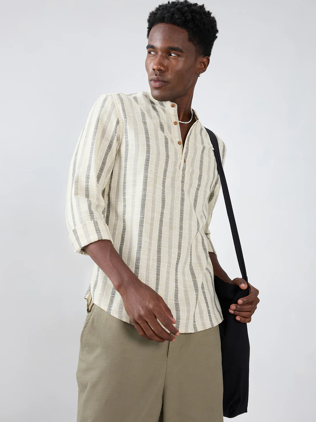 Natural Ivory Grey Loom Striped Kurta - Image 4