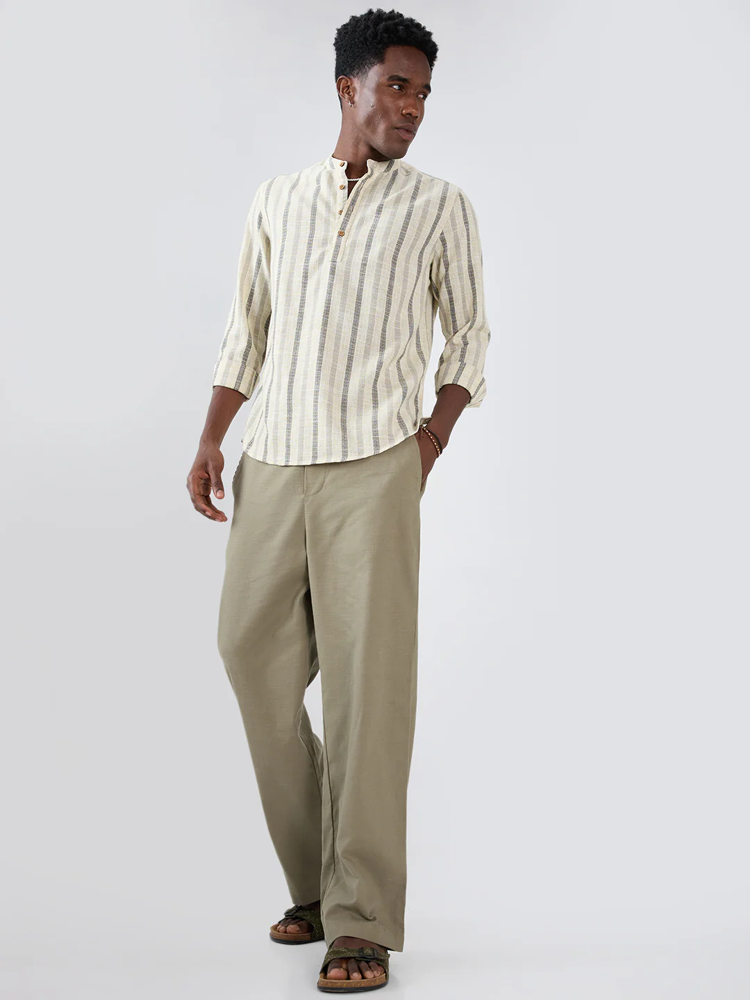 Natural Ivory Grey Loom Striped Kurta - Image 7
