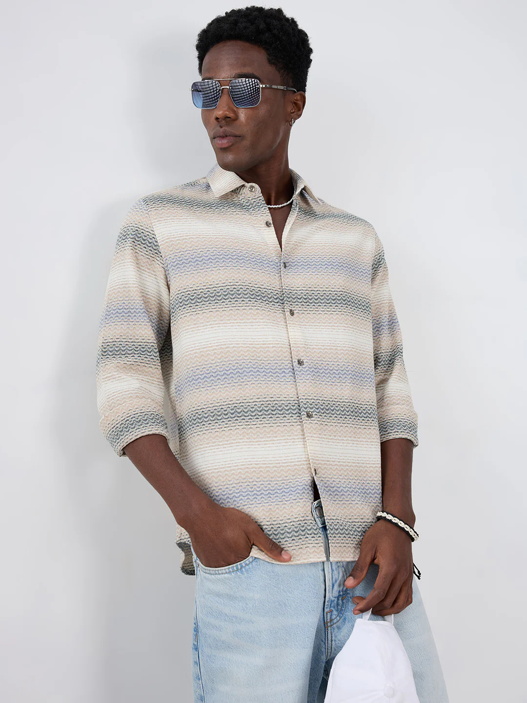 Natural Sand Beige Contrast Motif Striped Shirt - Image 2