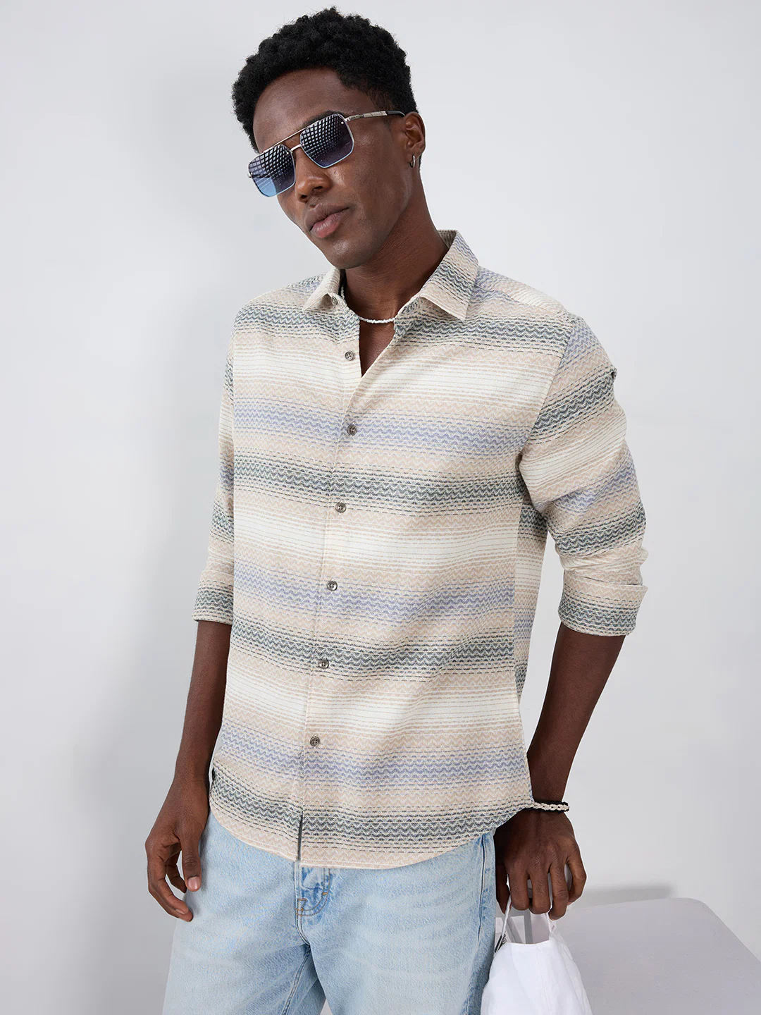 Natural Sand Beige Contrast Motif Striped Shirt - Image 4
