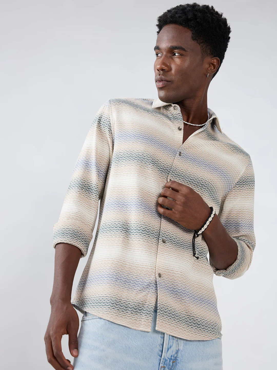 Natural Sand Beige Contrast Motif Striped Shirt - Image 5