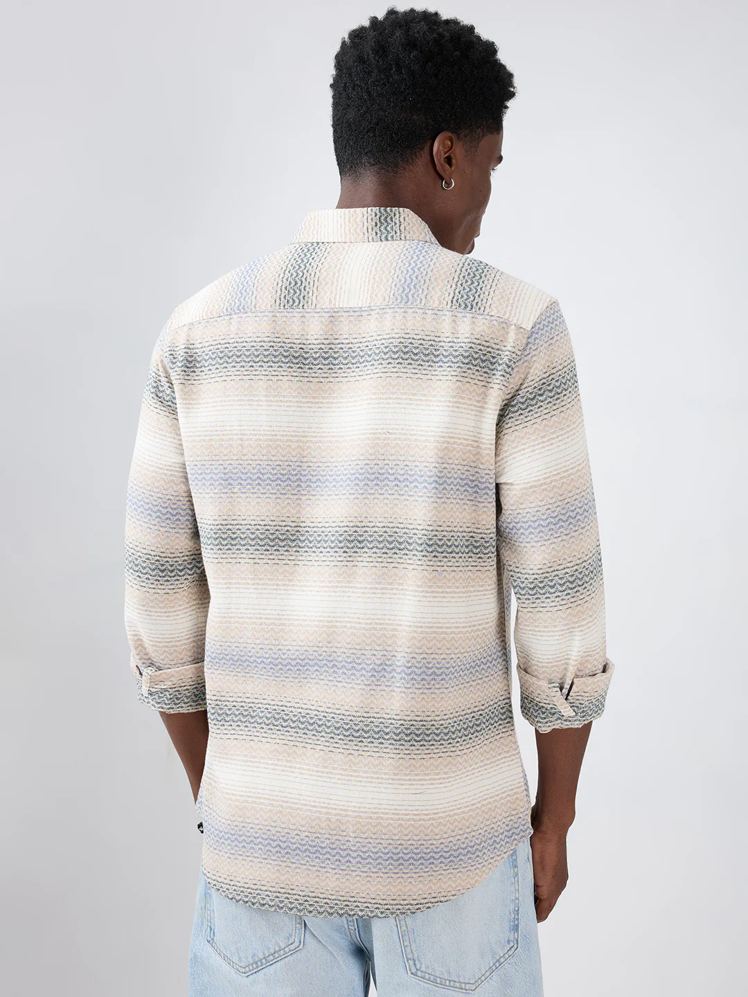 Natural Sand Beige Contrast Motif Striped Shirt - Image 6