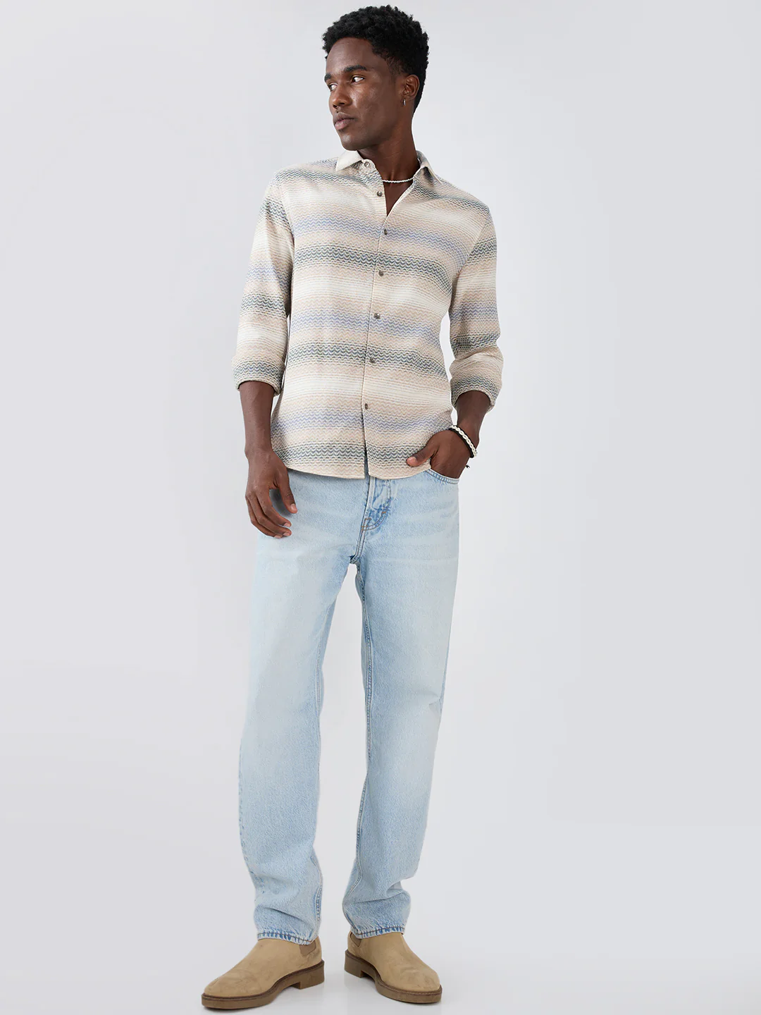 Natural Sand Beige Contrast Motif Striped Shirt - Image 7