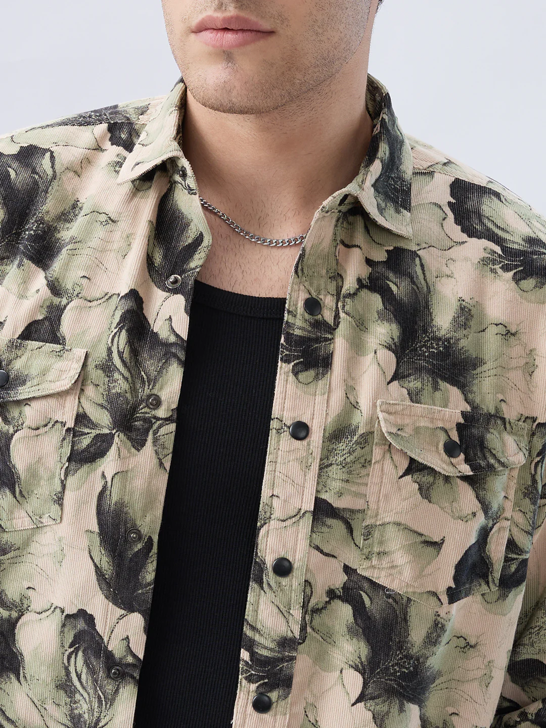 Nature Inspired Abstract Printed Double Pocket Corduroy Shirt - Image 3