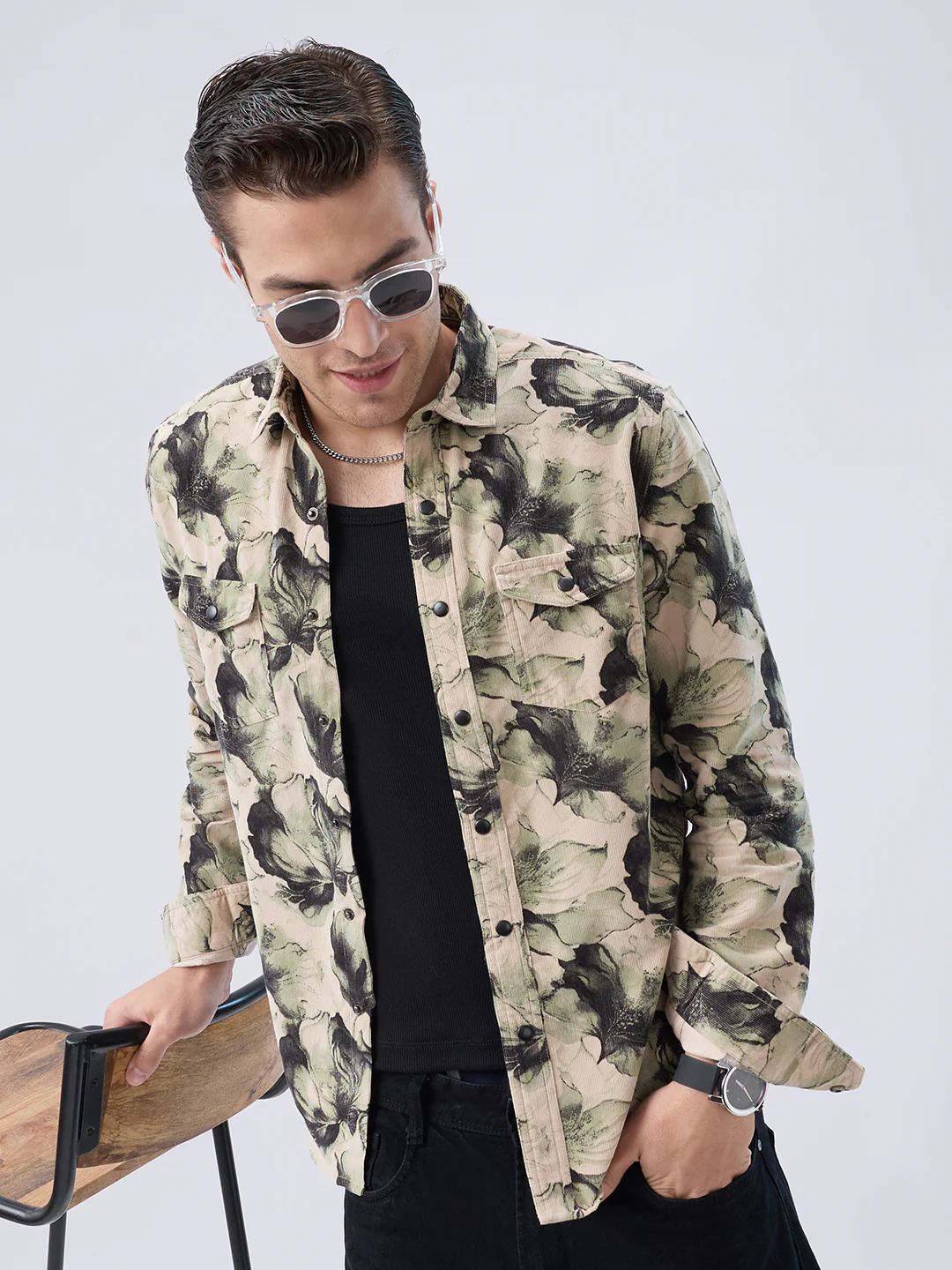 Nature Inspired Abstract Printed Double Pocket Corduroy Shirt - Image 4