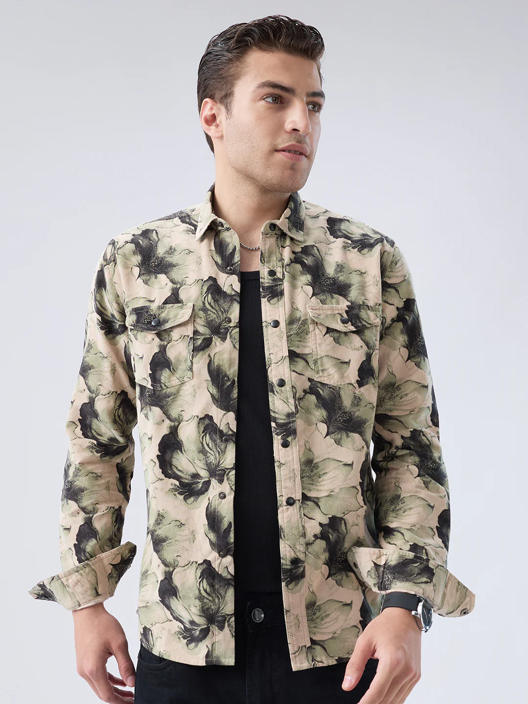 Nature Inspired Abstract Printed Double Pocket Corduroy Shirt - Image 5