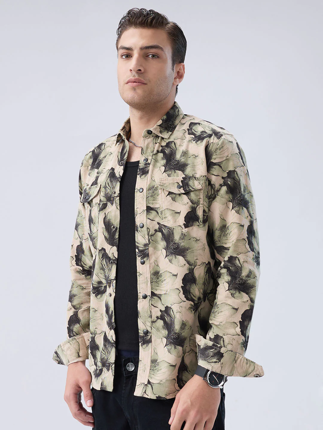 Nature Inspired Abstract Printed Double Pocket Corduroy Shirt - Image 6