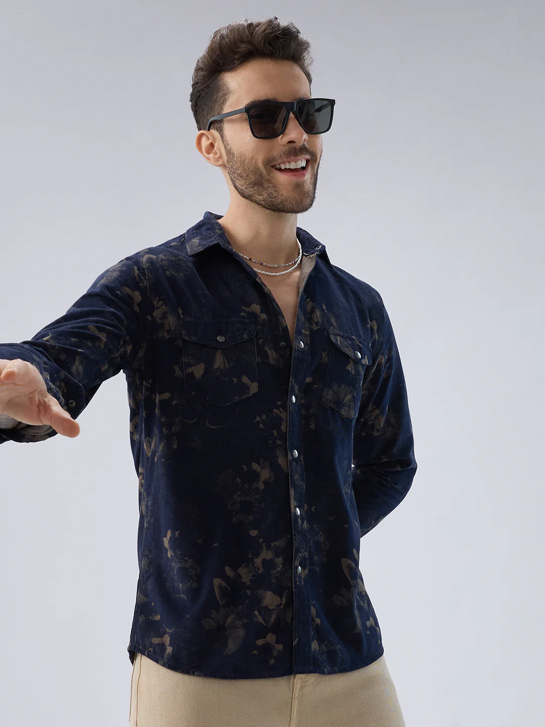 Navy Abstract Bloom Printed Flap Pocket Corduroy Shirt - Image 2