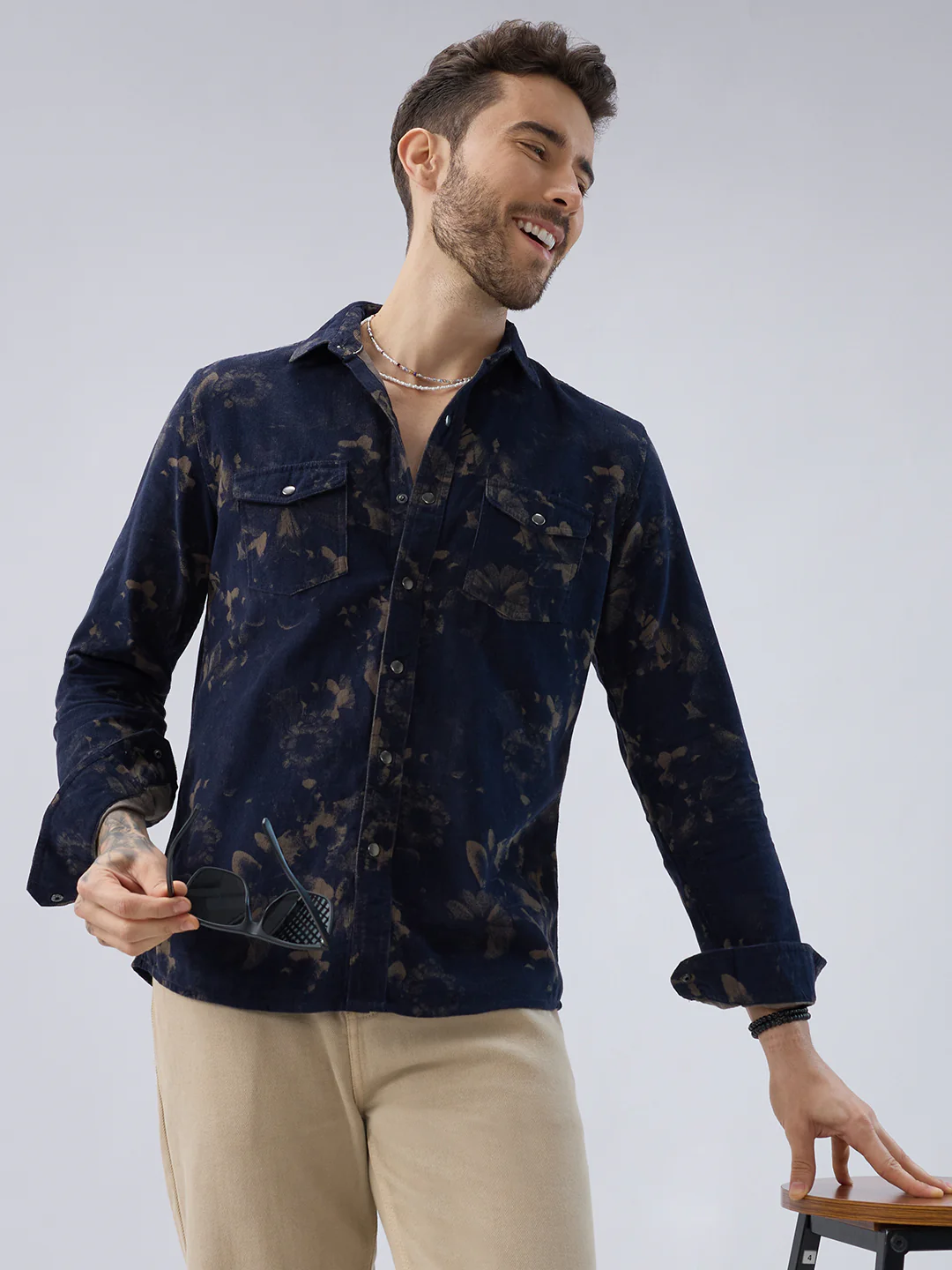 Navy Abstract Bloom Printed Flap Pocket Corduroy Shirt - Image 4
