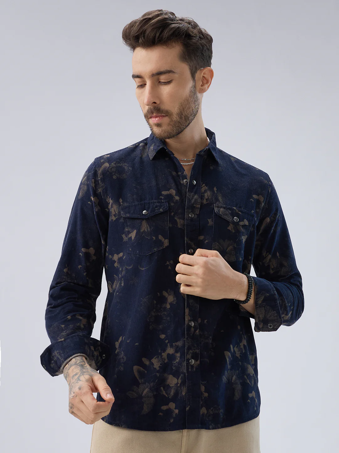 Navy Abstract Bloom Printed Flap Pocket Corduroy Shirt - Image 5