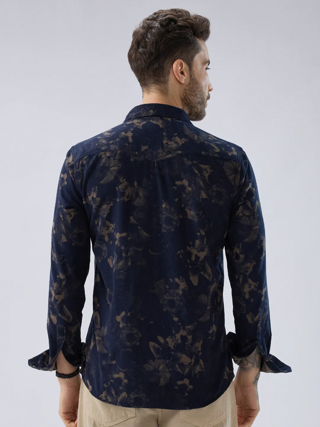 Navy Abstract Bloom Printed Flap Pocket Corduroy Shirt - Image 6