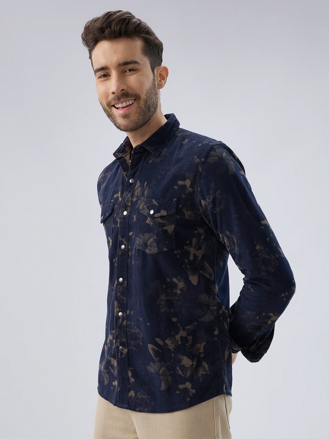 Navy Abstract Bloom Printed Flap Pocket Corduroy Shirt - Image 7