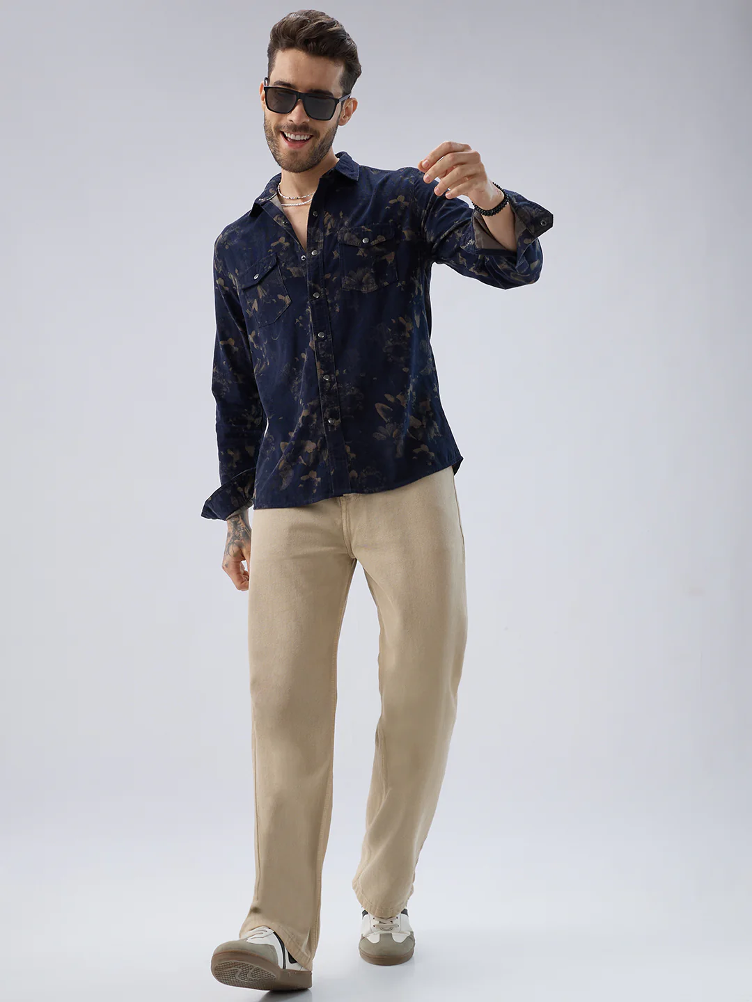 Navy Abstract Bloom Printed Flap Pocket Corduroy Shirt - Image 8