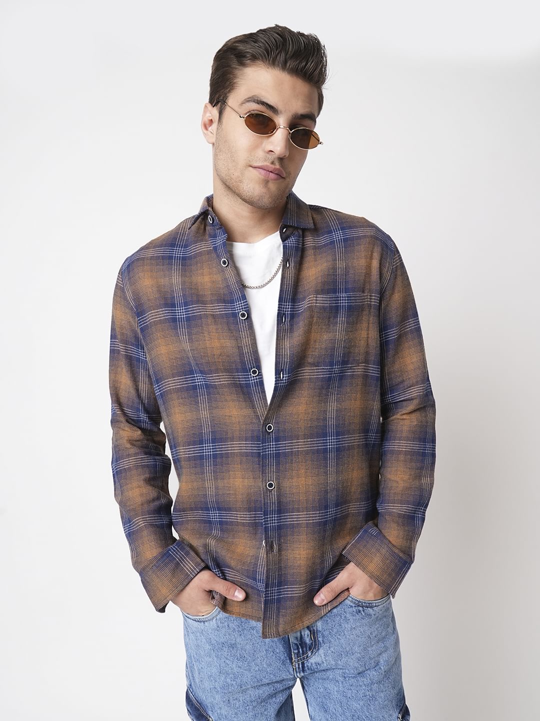 Navy & Orange Tartan Checkered Shirt