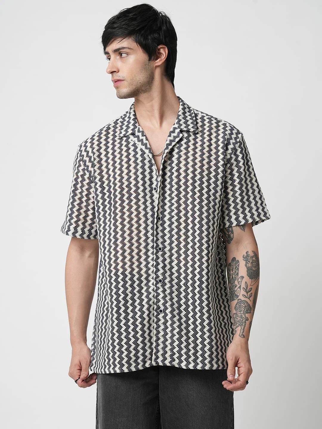 Navy & White Zig-Zag Oversized Crochet Shirt - Image 4