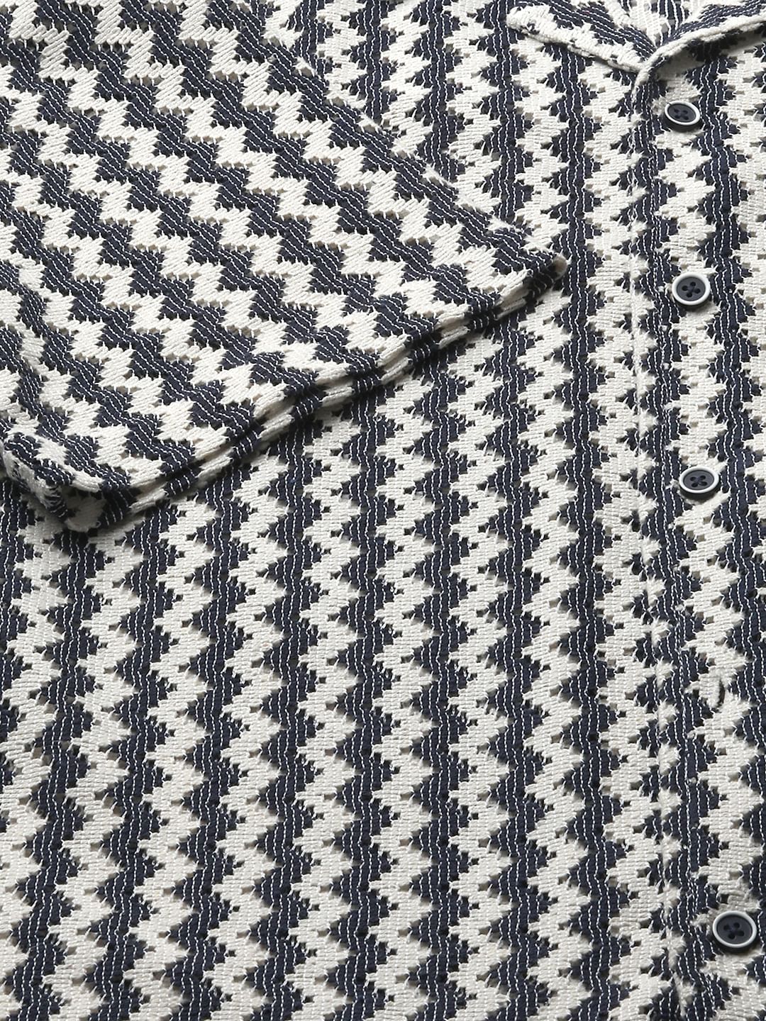 Navy & White Zig-Zag Oversized Crochet Shirt - Image 8