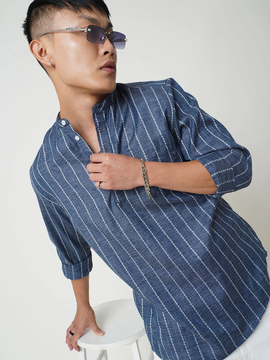 Navy Blue Dobby Striped Kurta - Image 2