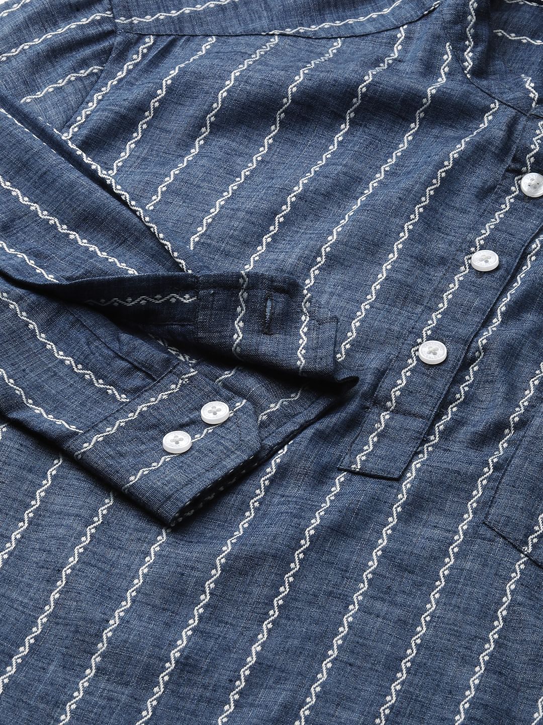 Navy Blue Dobby Striped Kurta - Image 3
