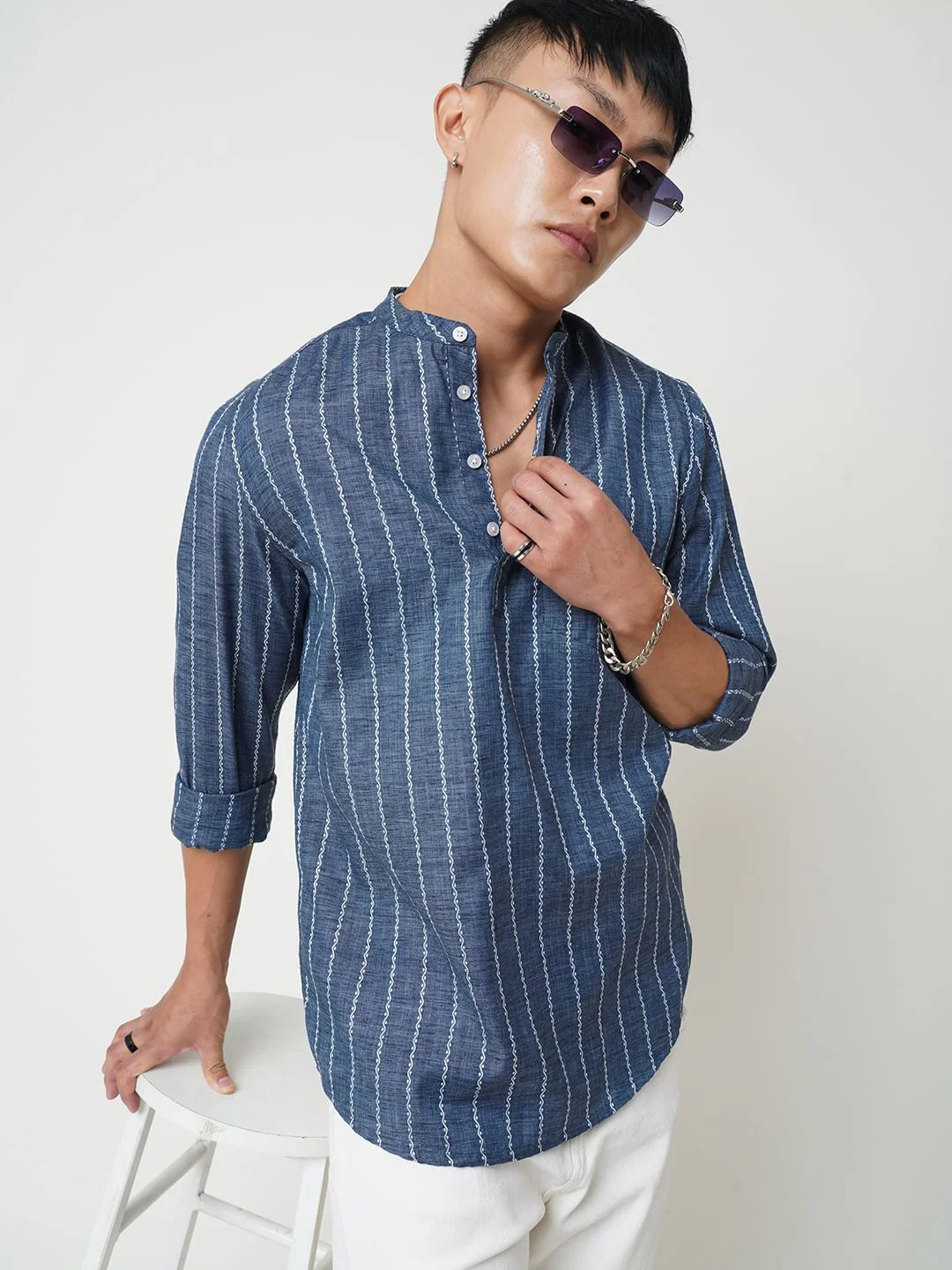 Navy Blue Dobby Striped Kurta - Image 4