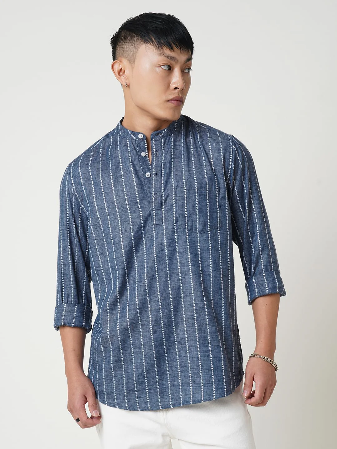 Navy Blue Dobby Striped Kurta - Image 5