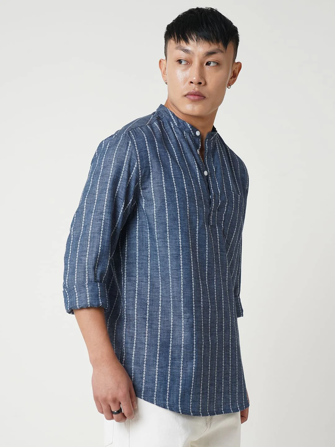 Navy Blue Dobby Striped Kurta - Image 6