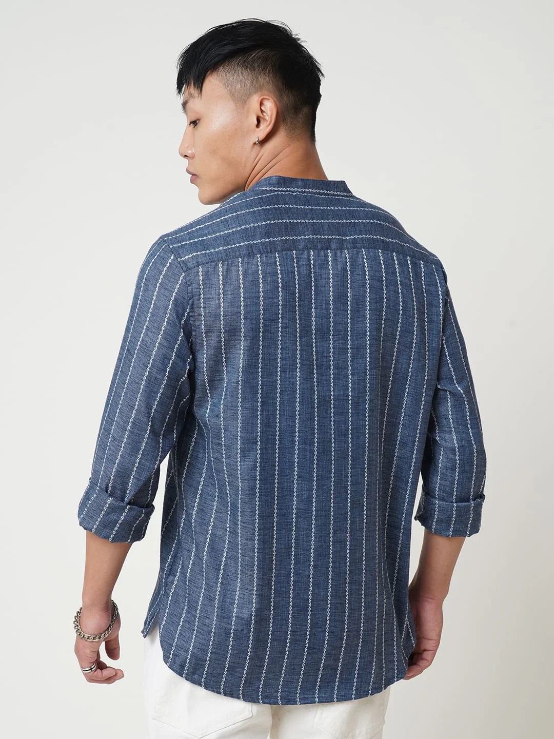 Navy Blue Dobby Striped Kurta - Image 7