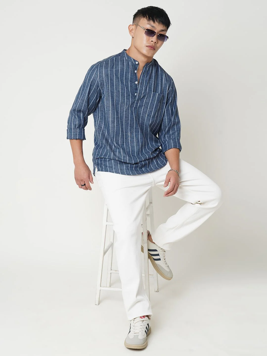 Navy Blue Dobby Striped Kurta - Image 8