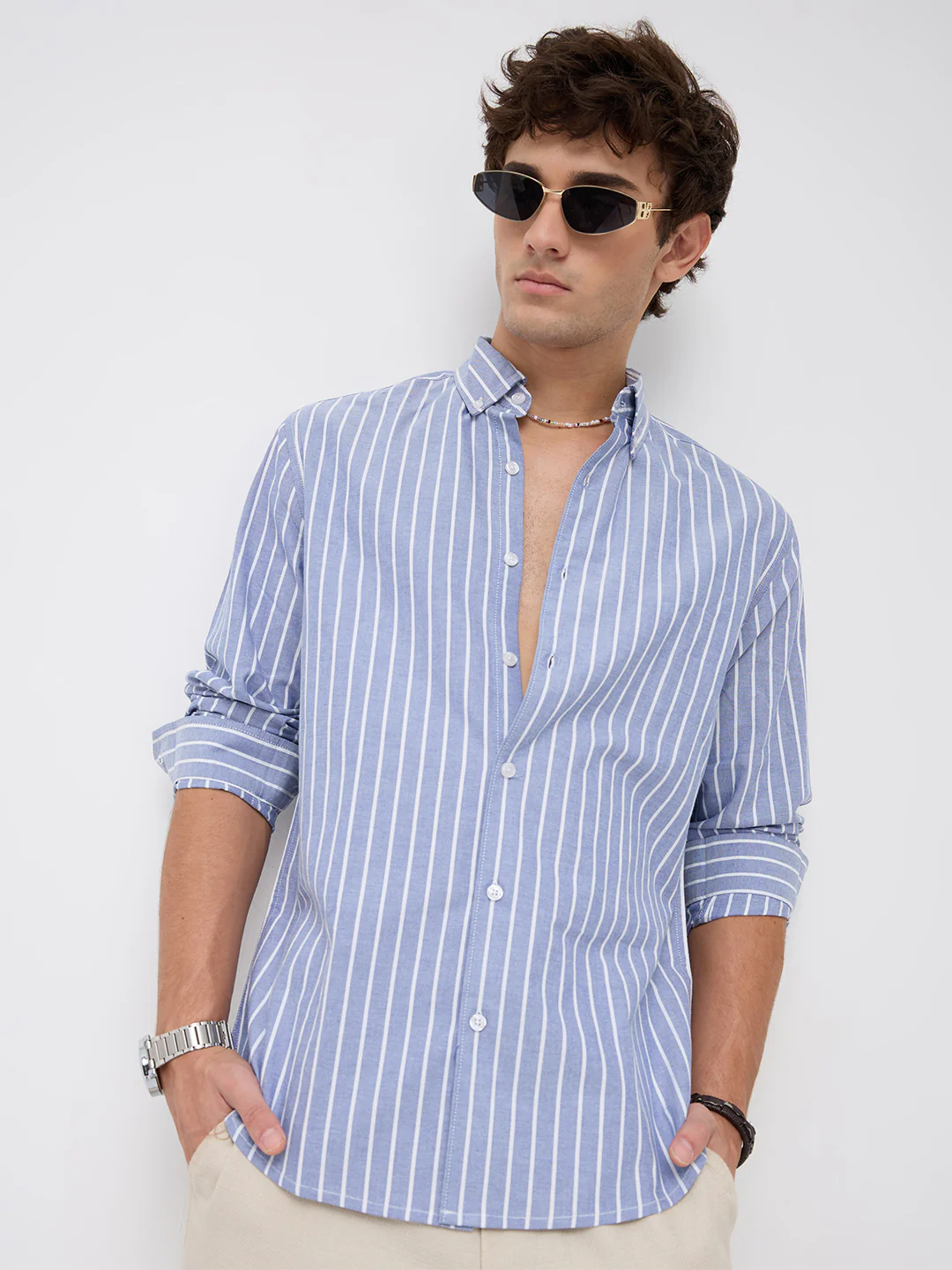 Blue & White Candy Striped Button-Down Collar Oxford Shirt - Image 4