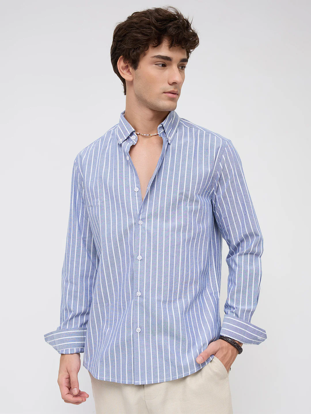Blue & White Candy Striped Button-Down Collar Oxford Shirt - Image 5