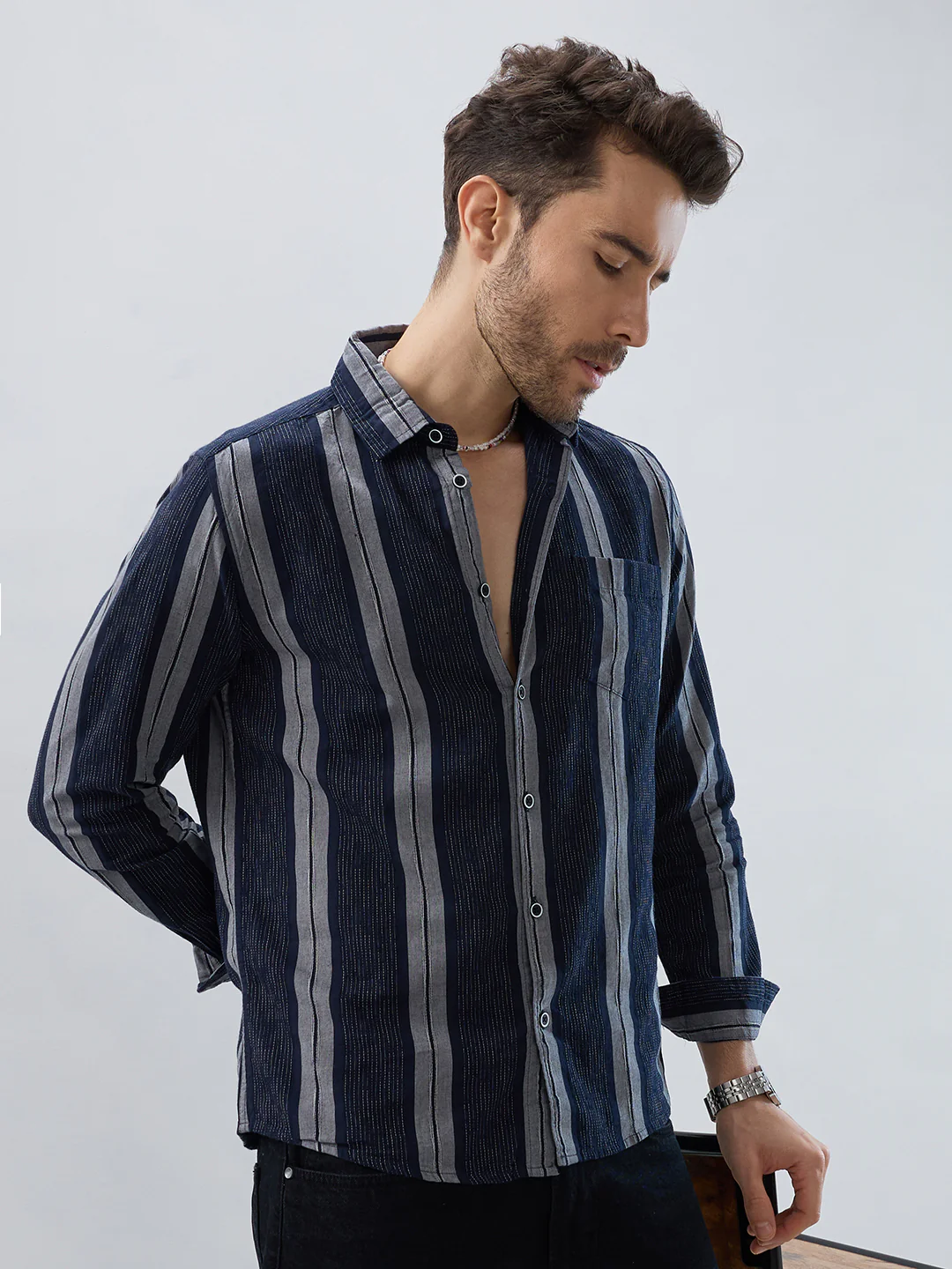 Navy Contrast Stitch Vertical Stripe Jacquard Shirt - Image 2