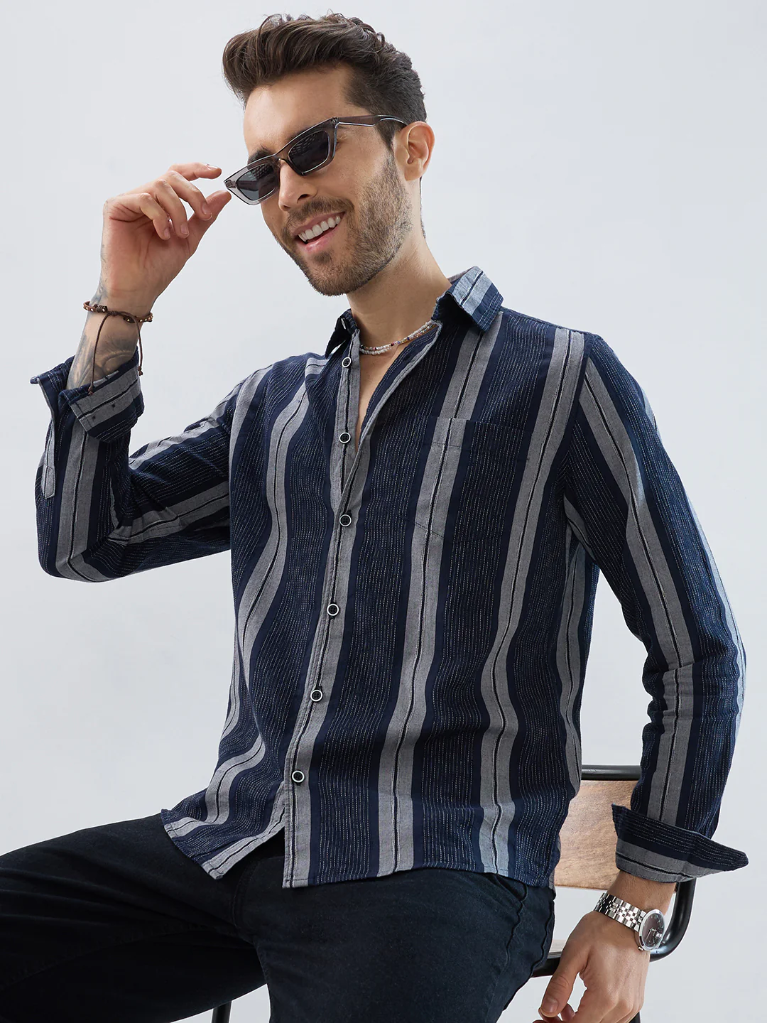 Navy Contrast Stitch Vertical Stripe Jacquard Shirt - Image 4