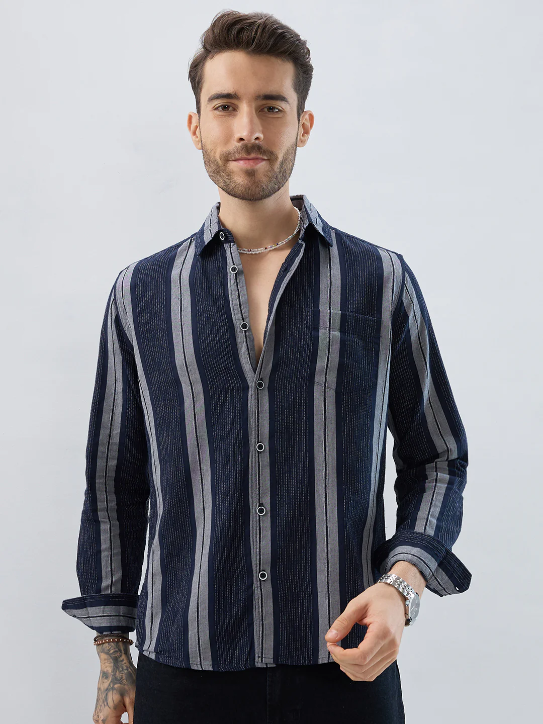 Navy Contrast Stitch Vertical Stripe Jacquard Shirt - Image 5