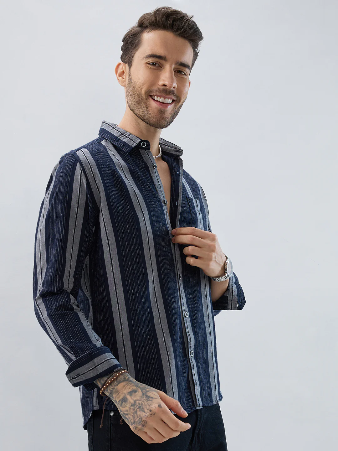 Navy Contrast Stitch Vertical Stripe Jacquard Shirt - Image 6