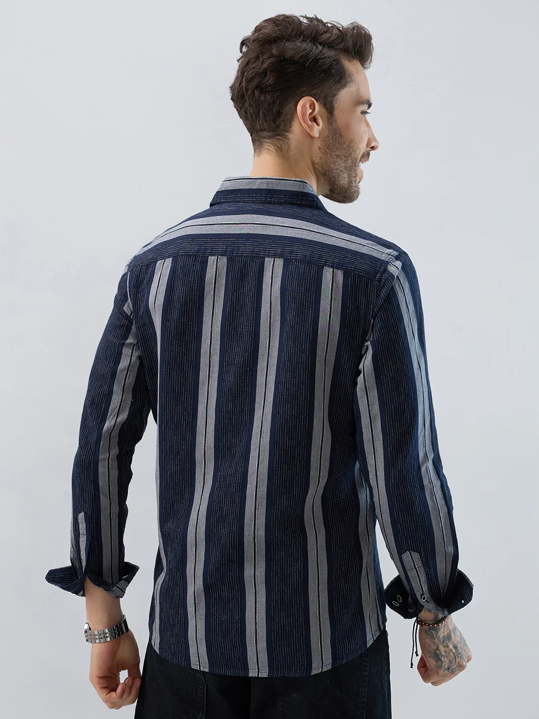 Navy Contrast Stitch Vertical Stripe Jacquard Shirt - Image 7
