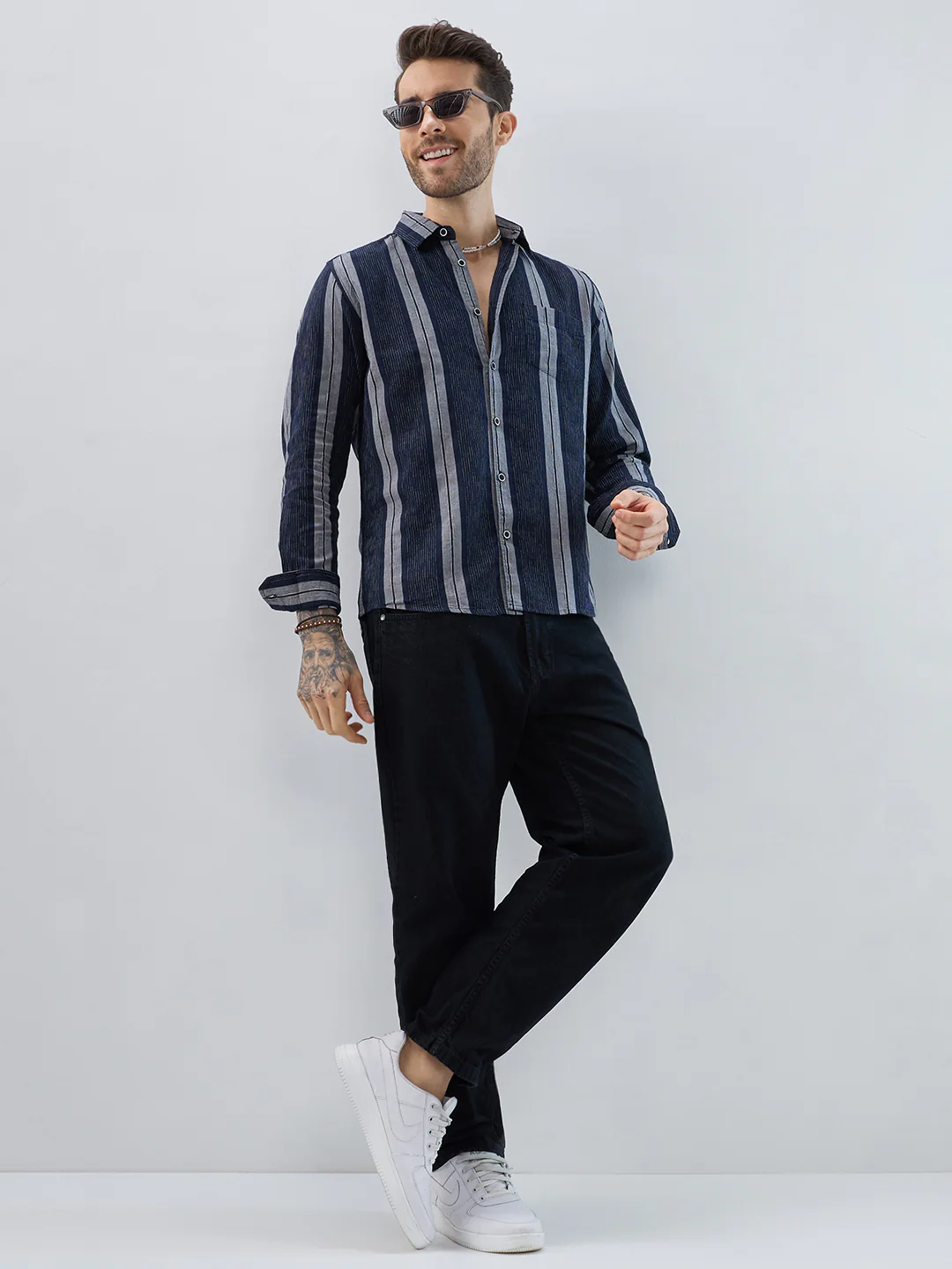 Navy Contrast Stitch Vertical Stripe Jacquard Shirt - Image 8