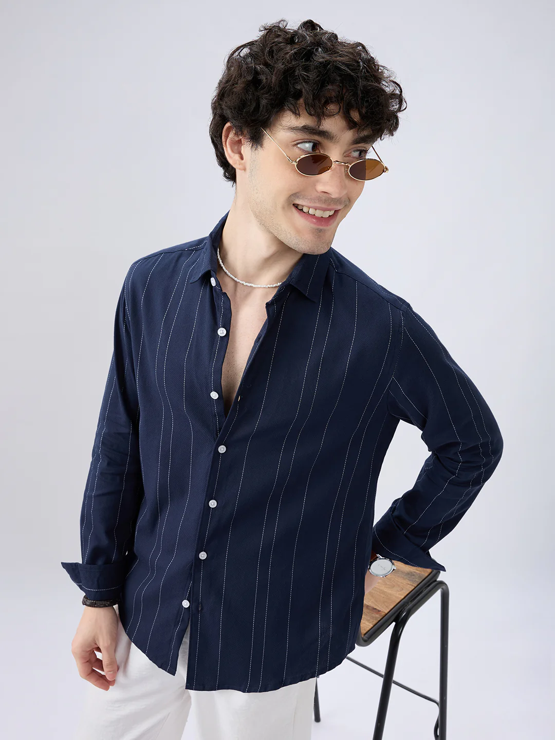 Navy Contrast Stitch Vertical Striped Shirt - Image 2