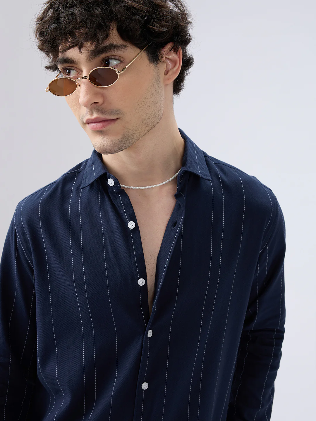 Navy Contrast Stitch Vertical Striped Shirt - Image 3