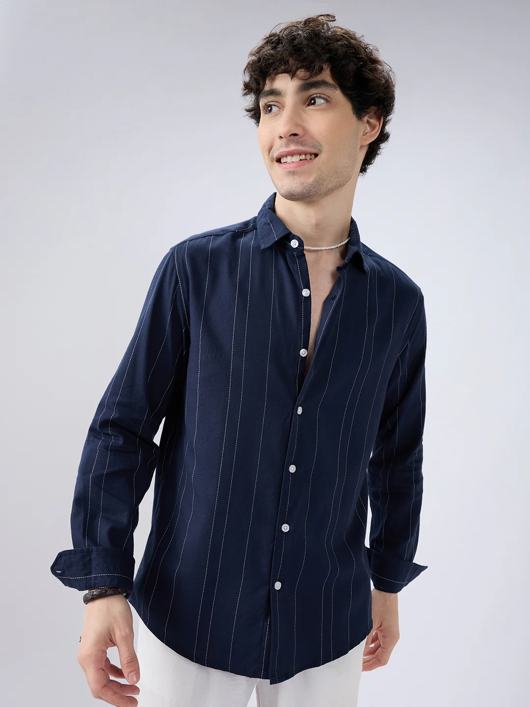 Navy Contrast Stitch Vertical Striped Shirt - Image 4