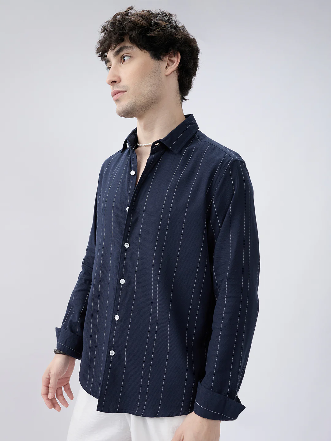 Navy Contrast Stitch Vertical Striped Shirt - Image 5