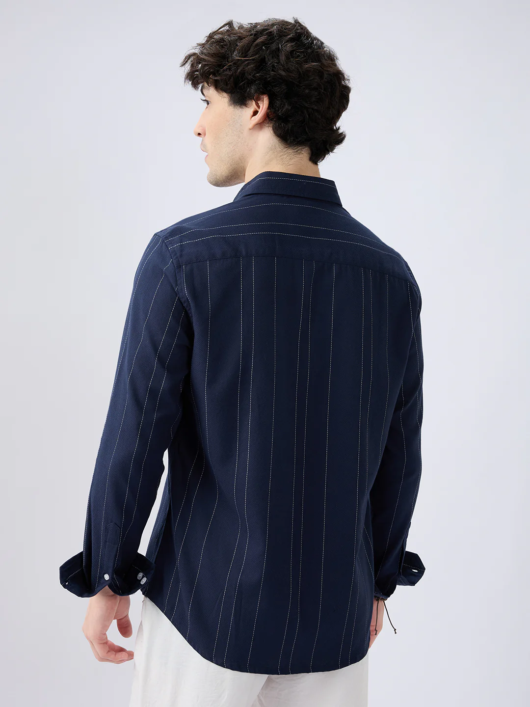 Navy Contrast Stitch Vertical Striped Shirt - Image 6