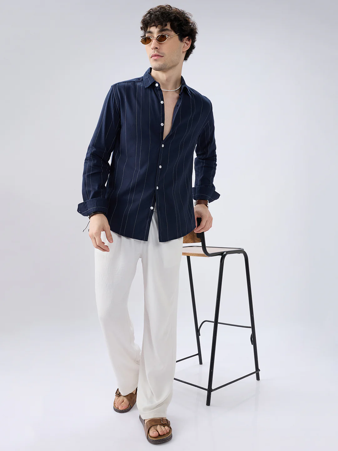 Navy Contrast Stitch Vertical Striped Shirt - Image 7